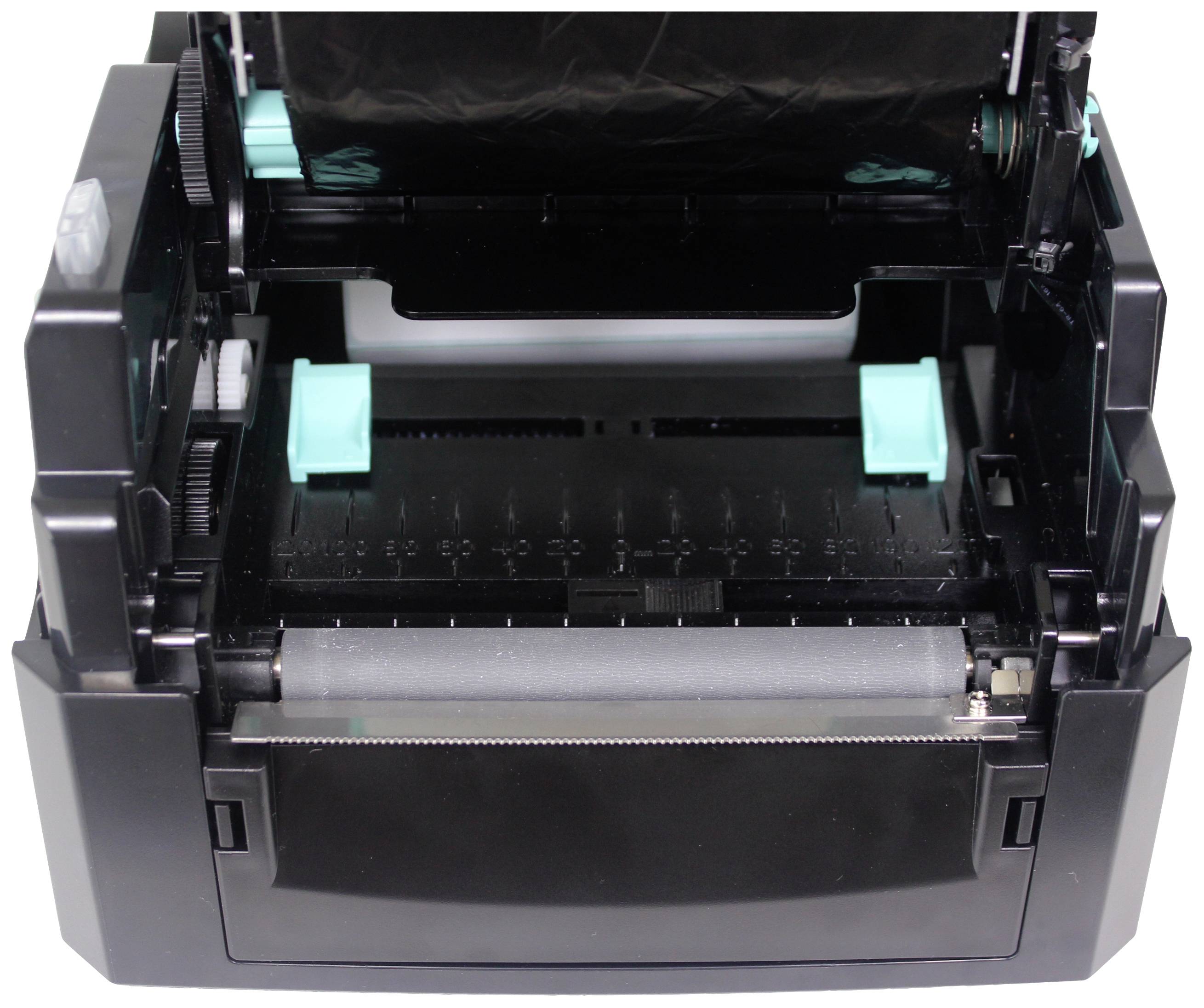 Opened printer with exposed paper feed and two turquoise clips holding the paper in place.