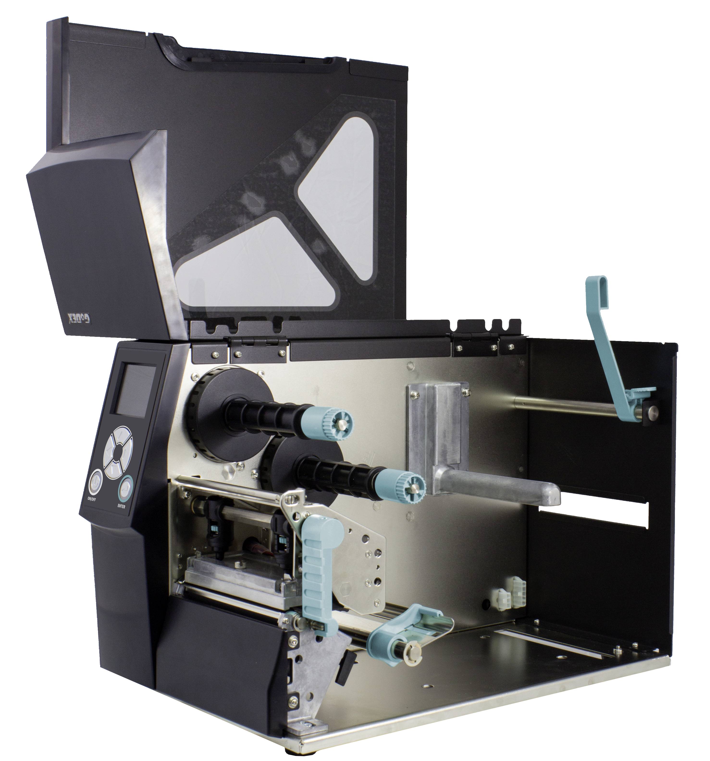 An open label printer with visible rollers and levers, ready for loading label material and printing ribbon.
