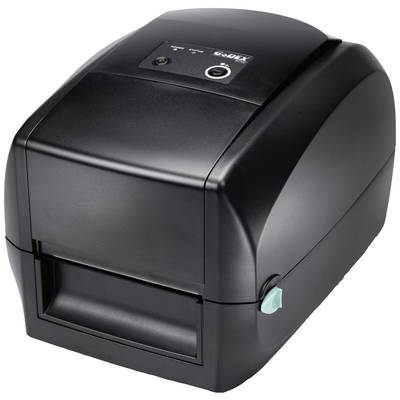 A black label printer with buttons and displays on the top surface, suitable for printing labels and barcodes.