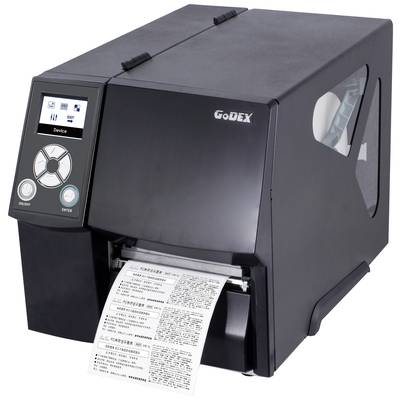 A black label printer is currently printing a label with multiple lines of text. A display is located on the front of the device.