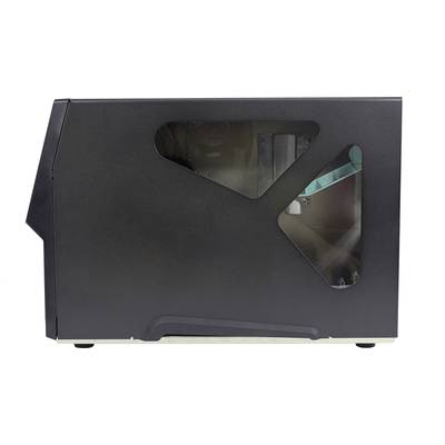 Black computer case with side windows that partially reveal the internal hardware.