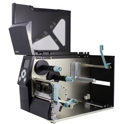 An open label printer displays rollers and levers, ready for material to be loaded.