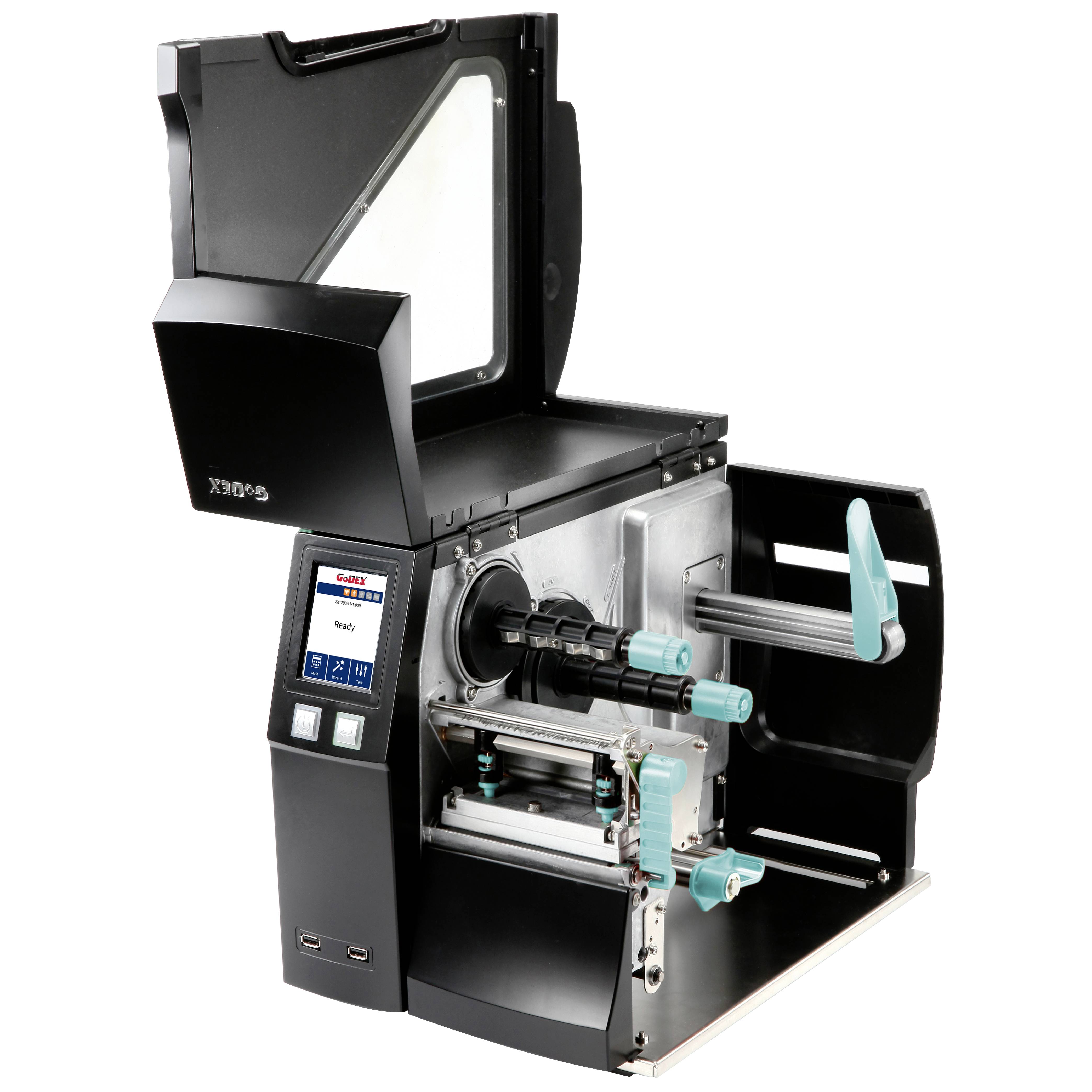Label printer with an open casing, revealing internal components such as rollers and printing mechanism, with a display showing operational options.