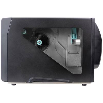 A card printer, side view. The internal ribbons and mechanisms of the printer are visible.