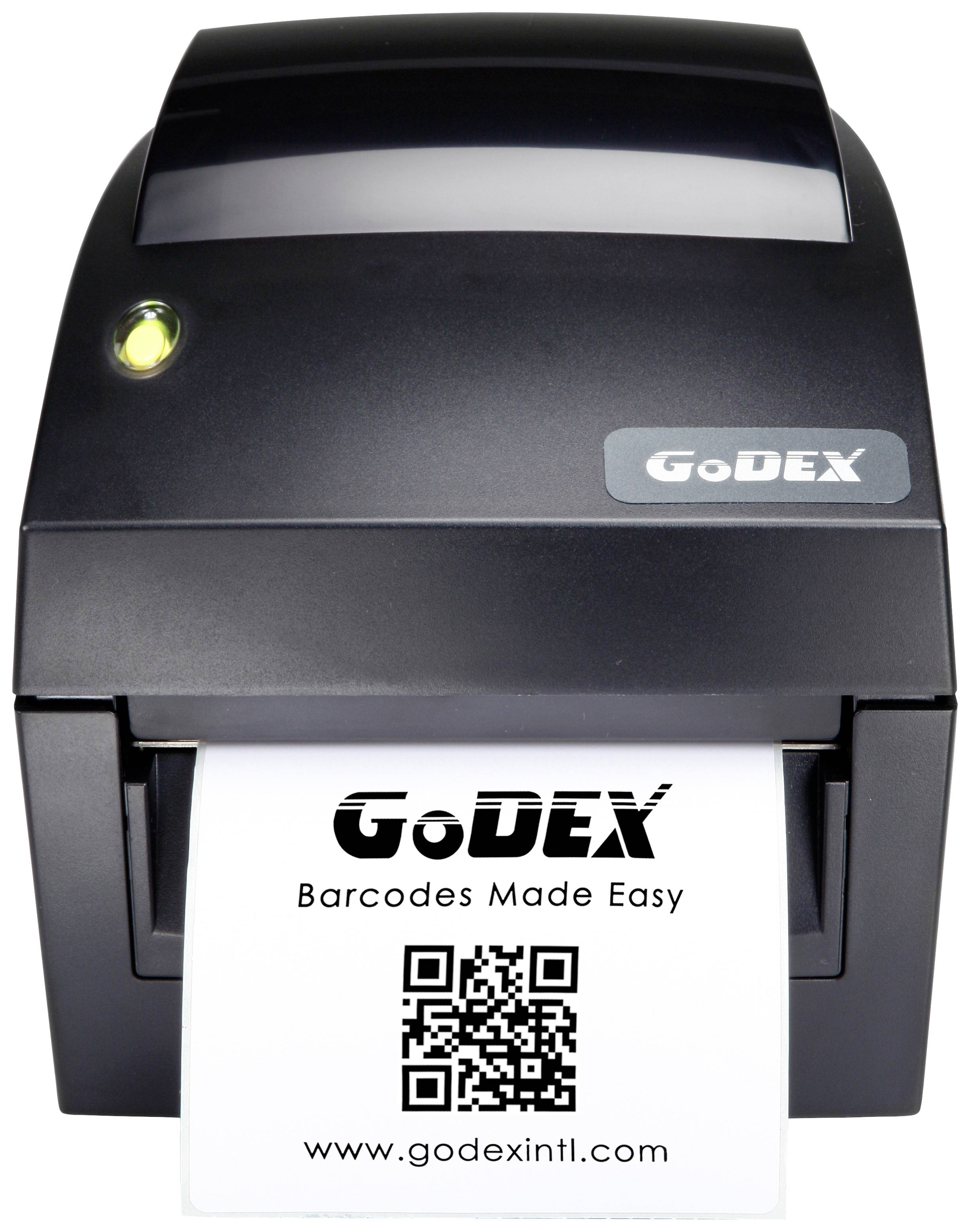 A label printer prints a white label with the text 'GoDEX Barcodes Made Easy', underneath a QR code and the website 'www.godexintl.com'.