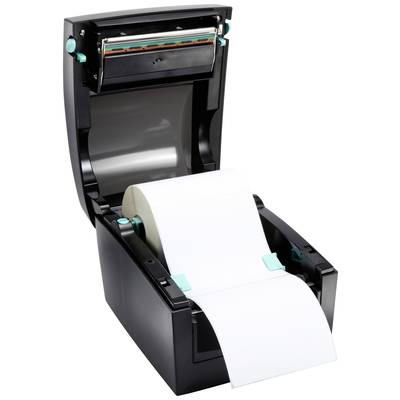 An open label printer displays a roll of white paper. The lid is flipped up to insert the roll.