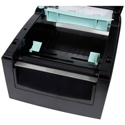 An open thermal printer with visible paper roll guide elements and print mechanism, ready for paper insertion.