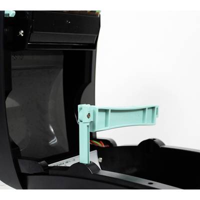 An open cash register printer with a visible blue lifting mechanism and cables inside, against a neutral background.
