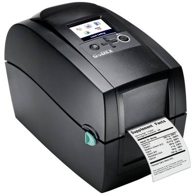 A compact label printer is printing a label with nutritional information. The main feature is the display with control buttons on top.
