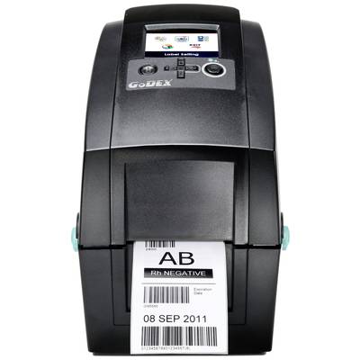 Label printer prints a label with blood group 'AB Rh NEGATIVE', expiry date '08 SEP 2011'. Screen displays print settings.
