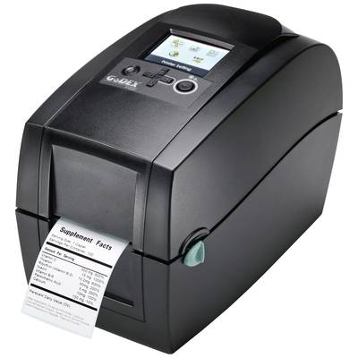 Black label printer printing a label with nutritional information. Screen displays print status.