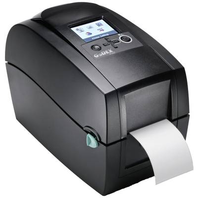 Black and grey label printer with front paper output and small display on the top surface.