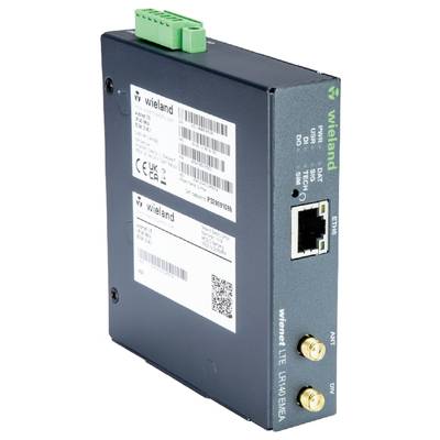An industrial communication router in a metal enclosure with Ethernet ports and LED indicators, used for network applications.
