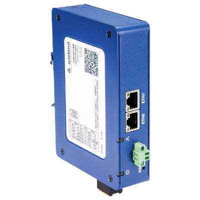 A blue electronic device with two Ethernet ports and a green connection block on the side.