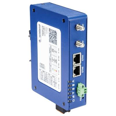 A blue, rectangular electronic device with ports and a barcode label on the front, compact and industrial in design.