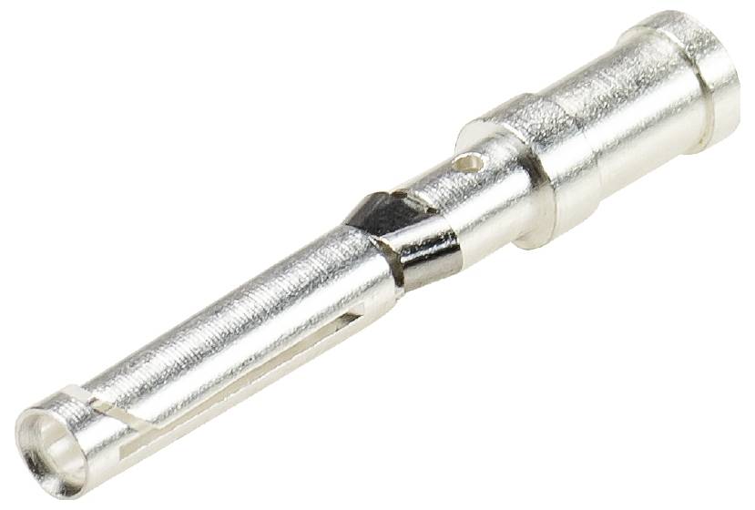A metallic connector with a cylindrical shape and a small hole near its tip, used for electrical connections.