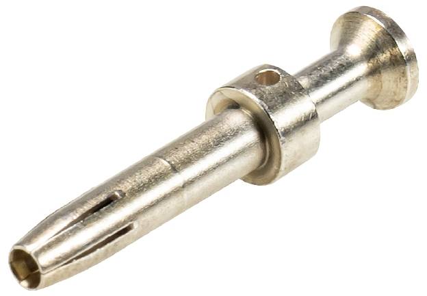 Metal plug, cylindrical in shape, suitable for electrical connections. Shiny surface and slotted opening at the front.