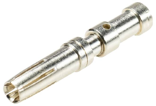 Silver, metallic plug contact with cylindrical shape and small indentations.