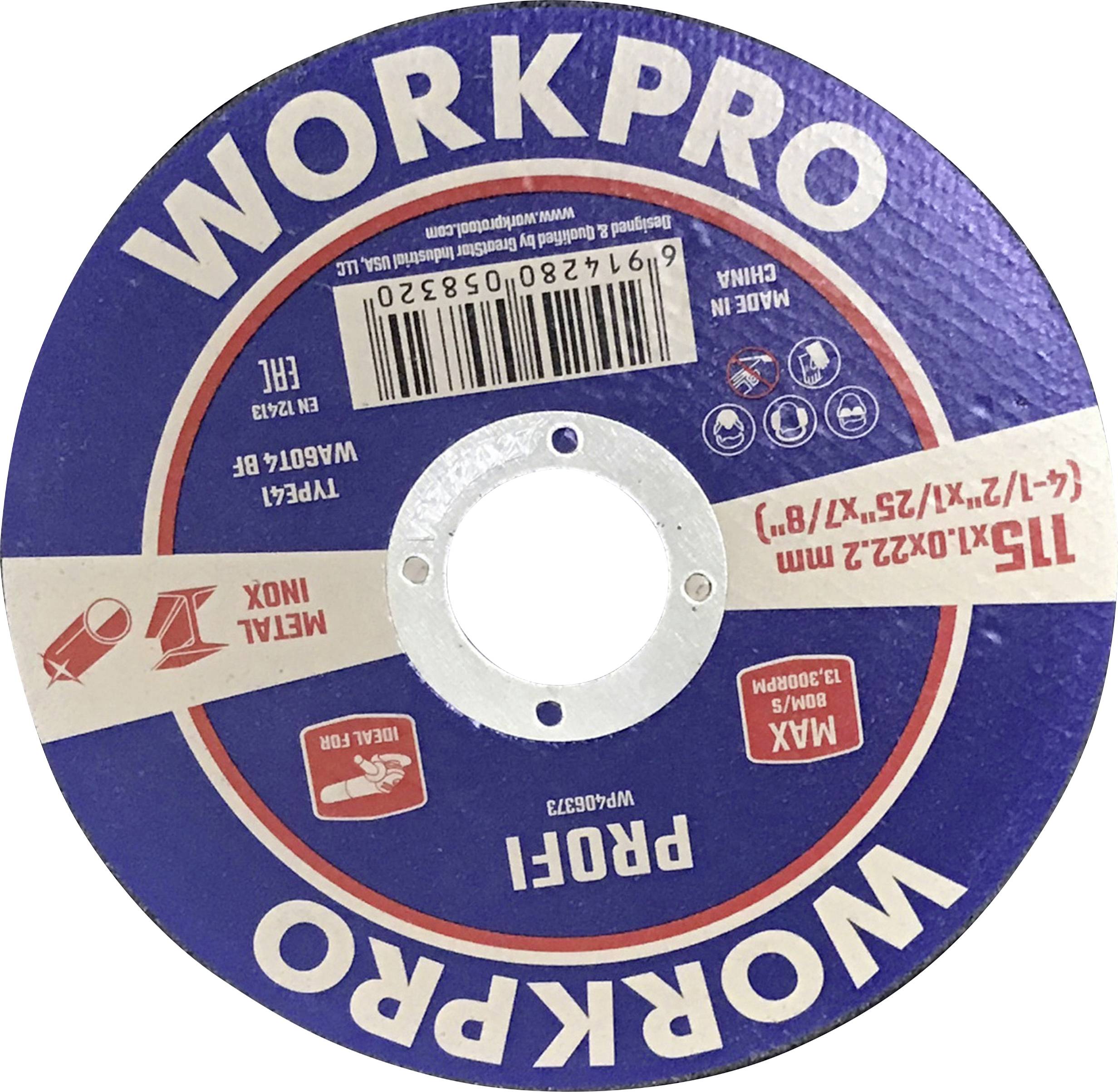 Workpro metal cutting disc. Details: Maximum rotational speed 13,200 rpm, Size 115 x 1 x 22.23 mm.