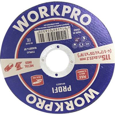 Workpro metal cutting disc. Details: Maximum rotational speed 13,200 rpm, Size 115 x 1 x 22.23 mm.