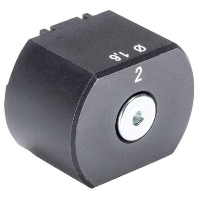 A small, black magnet with rounded corners and a recessed silver centre. Top surface with '2' inscription and symbols.