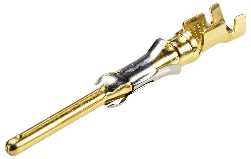 Gold-plated contact pin with insulated tip and metal clips, suitable for use in electrical connections.