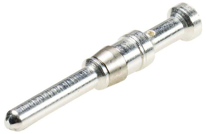 A metallic banana plug, commonly used in audio equipment, lies on a white background.