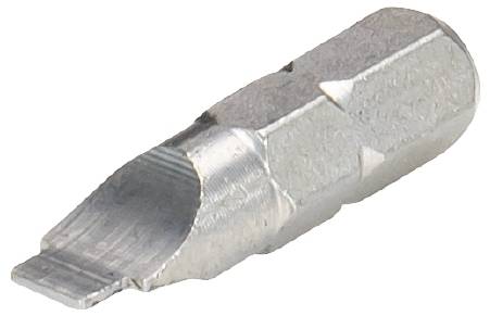A hexagonal screwdriver bit with a flat, fully slotted tip, suitable for specific screw types in mechanical engineering applications.
