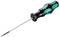 A screwdriver with an ergonomic, green-black handle and a flat blade, suitable for slotted screws.