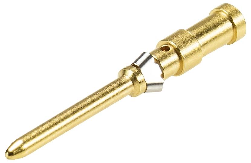 A golden contact pin for electronic connections, commonly used in the electronics industry.