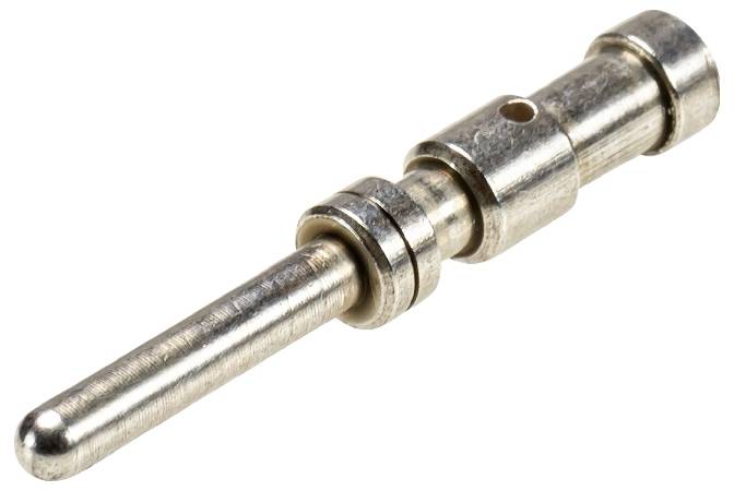 Long, cylindrical metal pin with multiple rings and a hole; possibly an electrical contact or connector.