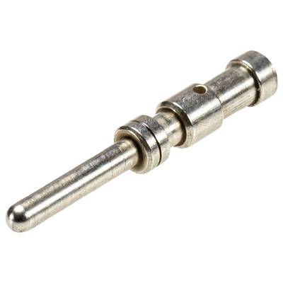 Long, cylindrical metal pin with multiple rings and a hole; possibly an electrical contact or connector.
