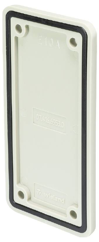 Rectangular white plastic cover with a black seal and screw holes at the corners.