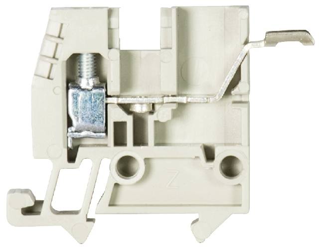 Grey plastic clamp element of a terminal block, showing internal metal connections and a screw mechanism.