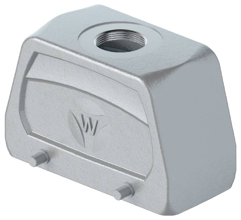 Metallic, rectangular housing with a central, round threaded connection at the top and two mounting pins at the bottom.