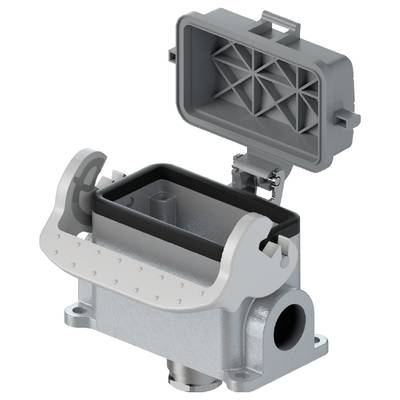 A rectangular metal connector with an open protective cover. The plug has screw terminals at the base.