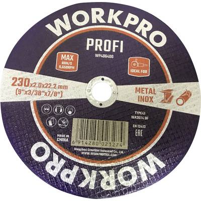 Cutting disc with 'WORKPRO' inscription, 230 mm diameter, ideal for metal, max. 8,500 rpm, orange packaging details.