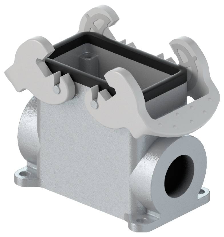 A rectangular metal enclosure with a removable grey lid and two mounting elements on the side, for electrical connection.