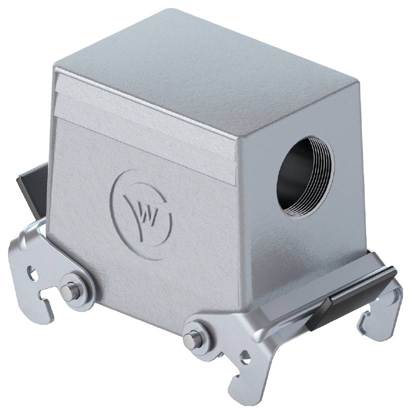 Metal enclosure with rectangular shape, threaded opening and two mounting elements, recognisable logo on the front side.