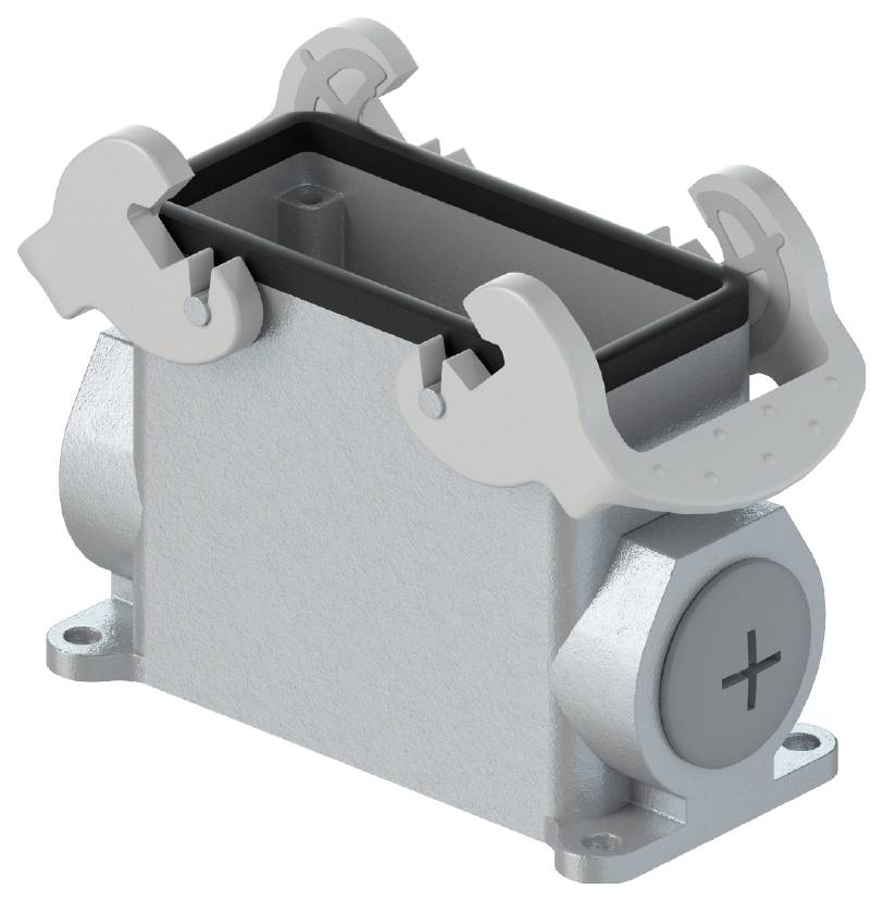 A rectangular, grey electrical enclosure with two side latches and a lid, shown in an open position.