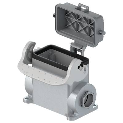Housing for industrial metal connectors. The upper lid is open, revealing the interior and mounting bracket.