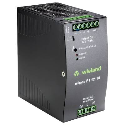 Black power supply from Wieland with green connectors, labelled 'wipos P1 12-10'. Provides DC output: 12V / 10A.