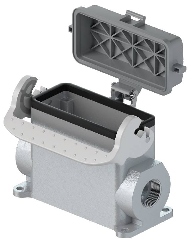 A rectangular, metallic socket connection with an open, hinged lid. Suitable for industrial applications.