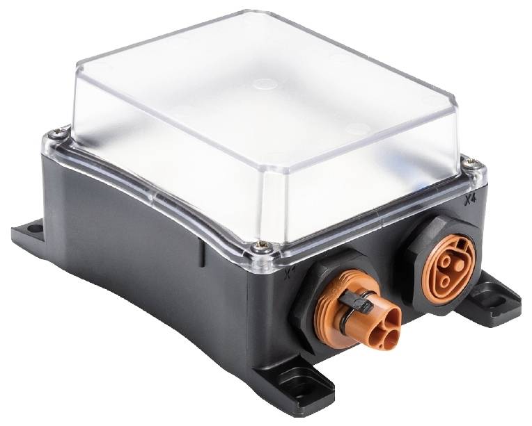 A black electronic enclosure with a transparent lid and orange connectors on the side.