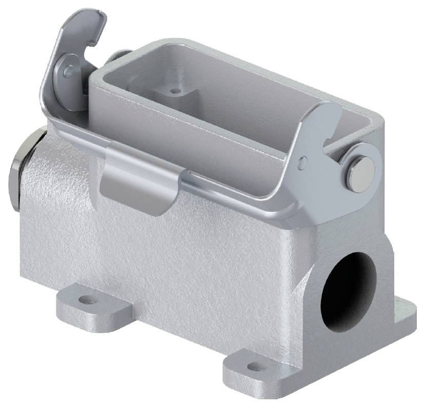 Metal part rendering of a rectangular enclosure with a snap-lock mechanism, suitable for mounting or as a connection module.