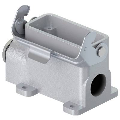 Metal part rendering of a rectangular enclosure with a snap-lock mechanism, suitable for mounting or as a connection module.