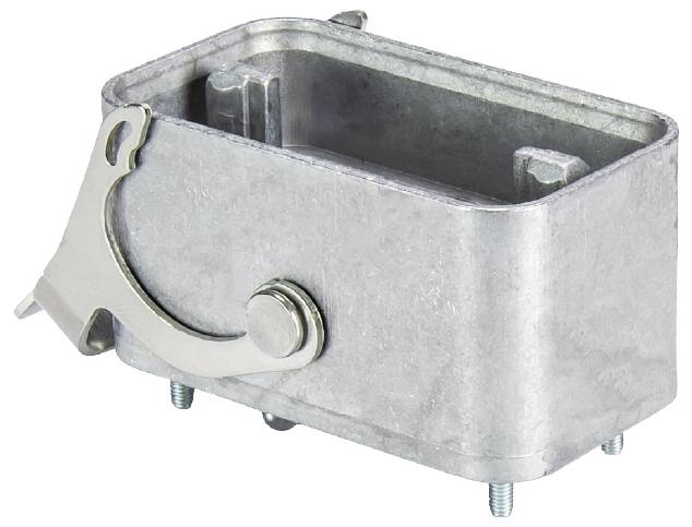 Metal junction box with a rounded lid, two screw holes, and a side-hinged closure mechanism.