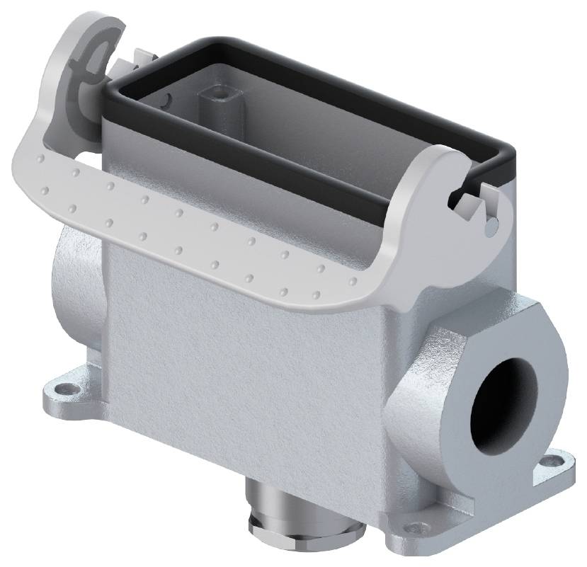 Industrial metal connector with a rectangular housing and side cable entry, robust design for industrial applications.