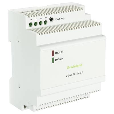 White DIN rail industrial component with green LED indicator showing 'DC ON'. Manufacturer name 'Wieland' on the front.