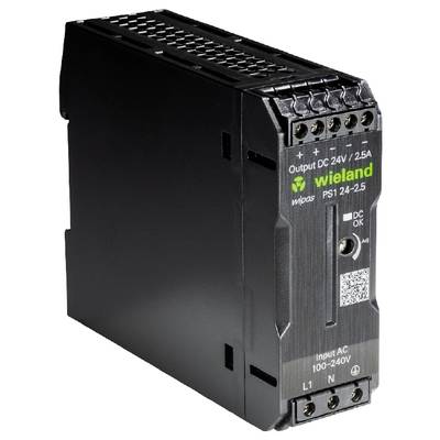 Black power supply module with 'Wieland' inscription, 'Output DC 24V / 2.5A'. QR code and connection terminals are visible.